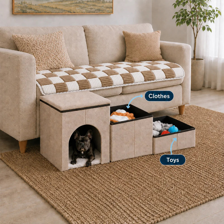 Stairs for dogs for bed with a cozy cubby hideaway and storage drawers, shown beside a sofa