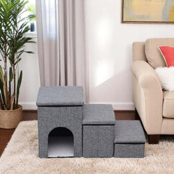 Small dog stairs for bed with soft steps and a hideaway house