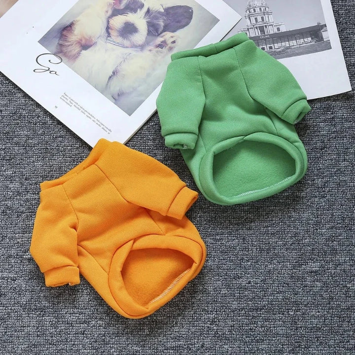 Two dog cozy sweater options in orange and green on a gray carpet