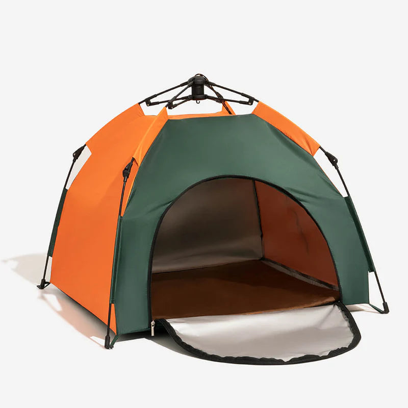 orange and green dog pop up tent shown open on a white background