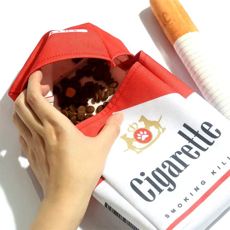 Novelty cigarette dog toy pouch opened to show treats inside