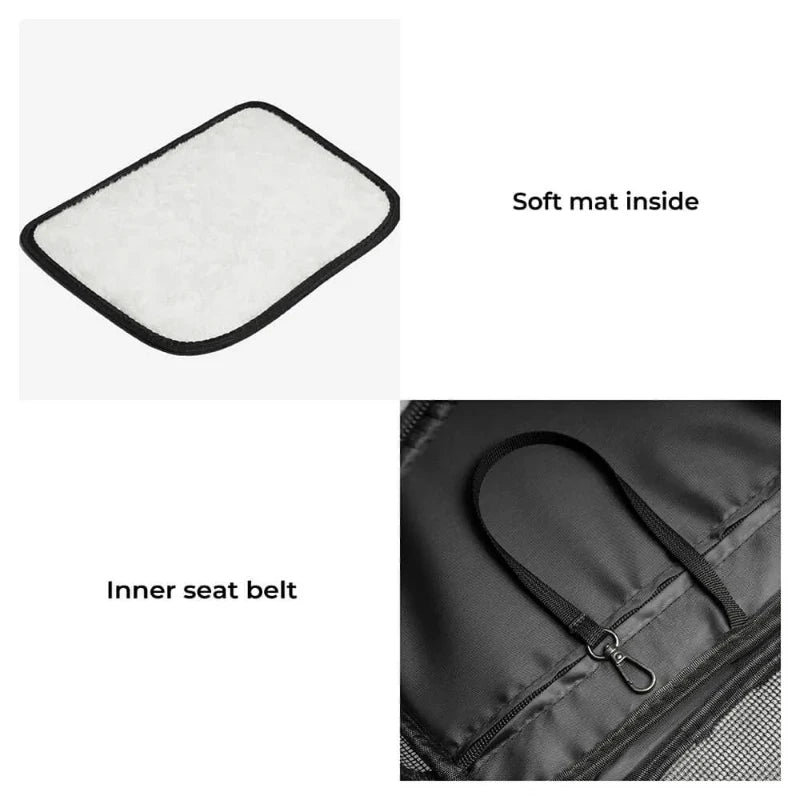 Soft mat and inner seat belt shown inside a travel cat bag