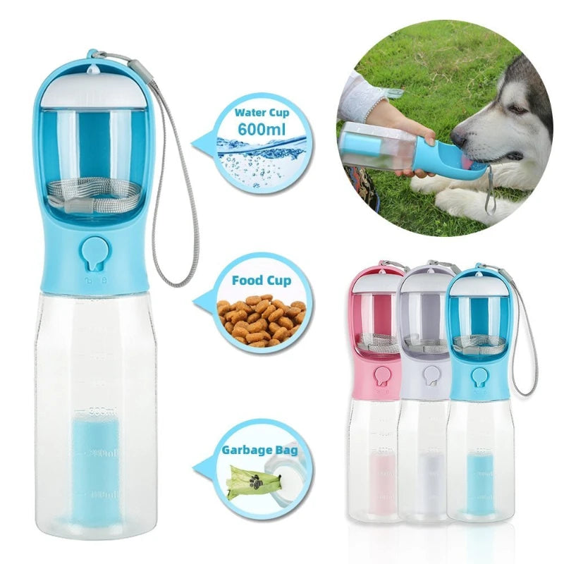 Portable dog travel water bottle with 600ml capacity, food cup, and waste bag dispenser for convenient outdoor pet care.