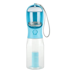 Compact dog travel water bottle with 600ml capacity, leak-proof design, and built-in food container for outdoor adventures.