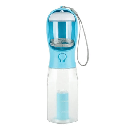 Compact dog travel water bottle with 600ml capacity, leak-proof design, and built-in food container for outdoor adventures.