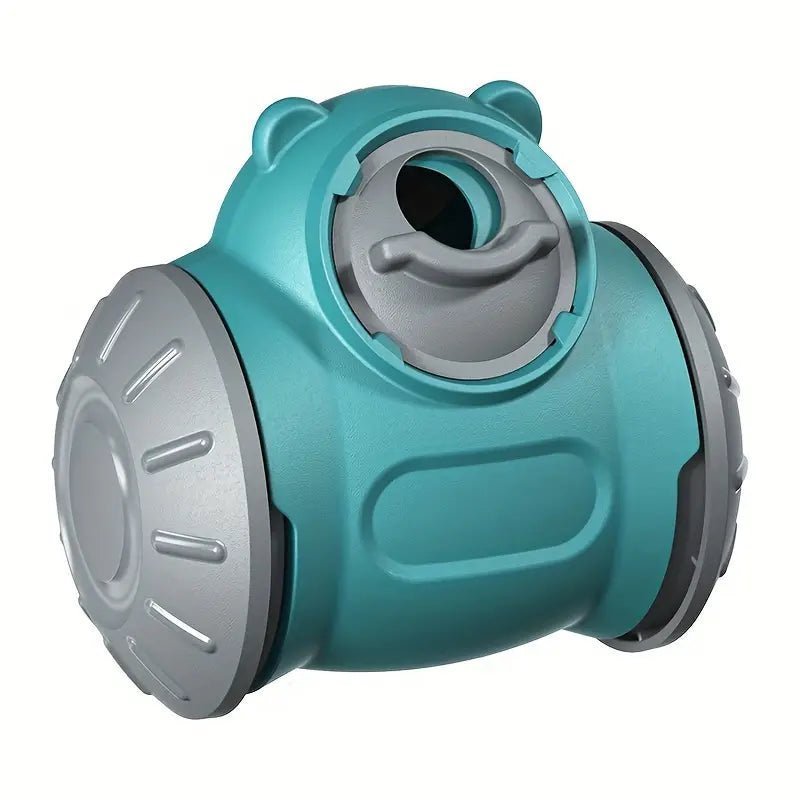 Interactive teal and gray dog treat dispenser toy designed to engage pets in rewarding mental stimulation and fun playtime.