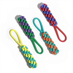 Heavy duty tug toys for dogs shown as a set of colorful braided rope handles on a white background