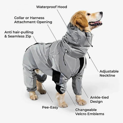 Golden Retriever wearing a waterproof dog coat with reflective design, adjustable neckline, and harness opening for walks.