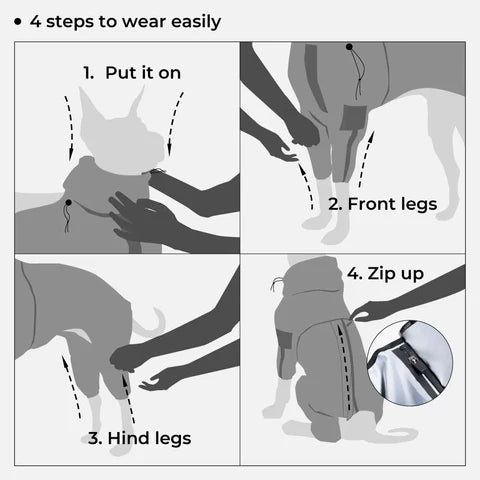 Step-by-step guide for putting on a dog waterproof coat with reflective design, demonstrating ease of use.