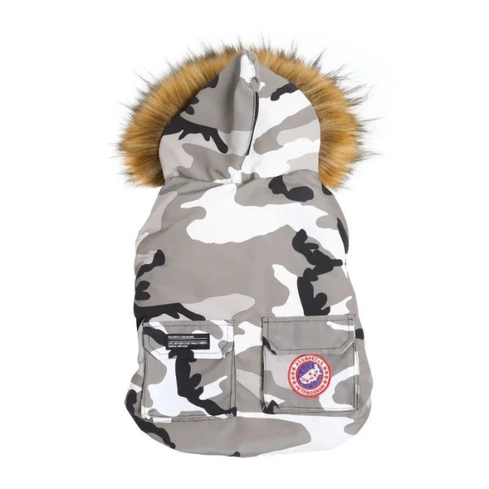 Camouflage dog winter coat with fur hood, perfect for cold weather protection and style from FluffyPuppy Pet Store.