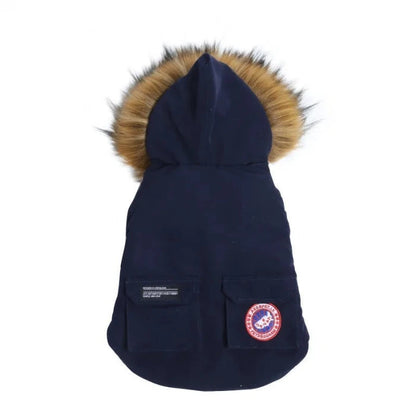 Stylish navy dog winter coat with fur hood for warmth and comfort, available at FluffyPuppy Pet Store.