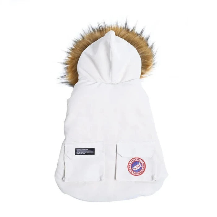 White dog winter coat with fur hood for cozy protection in cold weather, available at FluffyPuppy Pet Store.