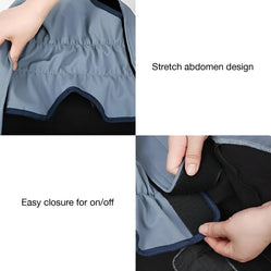 Close-up of fleece dog coat showing stretch belly panel and easy closure