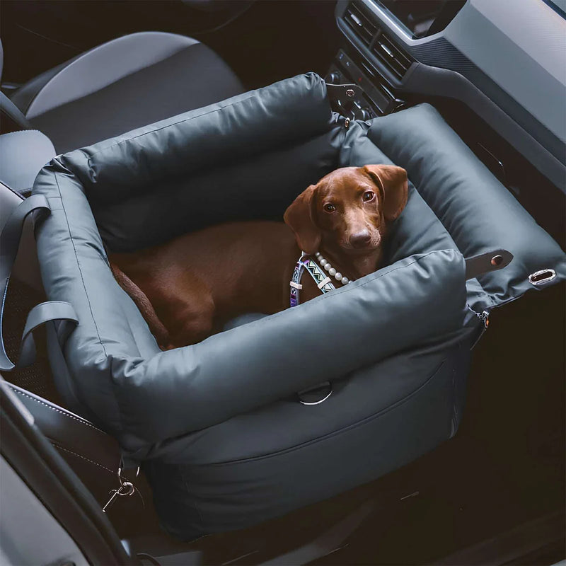 Luxury Elevated Dog Car Travel Bed in ocean blue with a dog resting comfortably during travel.