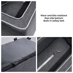 Console seat for tiny pets with wear resistant fabric and safety belt.