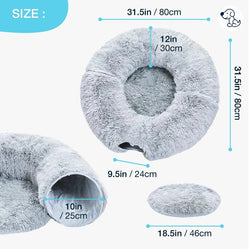 Fluffy cat bed with tunnel, showcasing dimensions in inches and centimeters for cozy pet comfort and versatility.