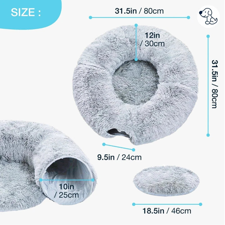 Fluffy cat bed with tunnel, showcasing dimensions in inches and centimeters for cozy pet comfort and versatility.