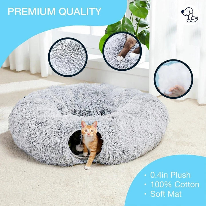 Premium plush cat bed with tunnel design, made of soft 100% cotton, perfect for cozy cat naps, available at FluffyPuppy.