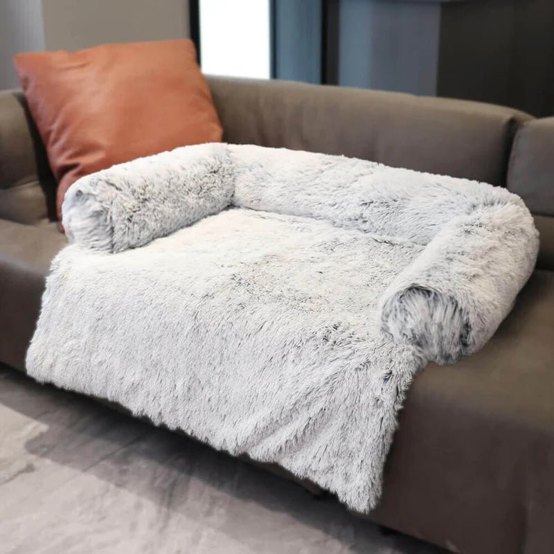 Cozy fluffy dog couch bed with pillow, perfect for protecting furniture while providing comfort for your pet.