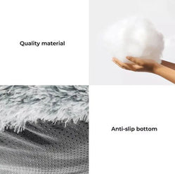 Quality material and anti-slip bottom details of fluffy dog couch bed with pillow for comfort and stability.