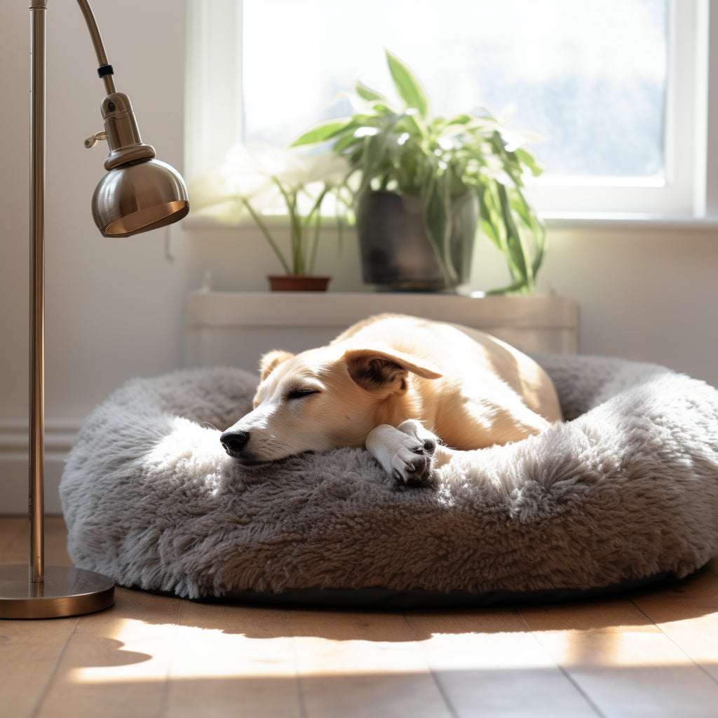 Dog resting on a plush, fluffy bed in a cozy corner, highlighting FluffyPuppy's premium pet comfort products.