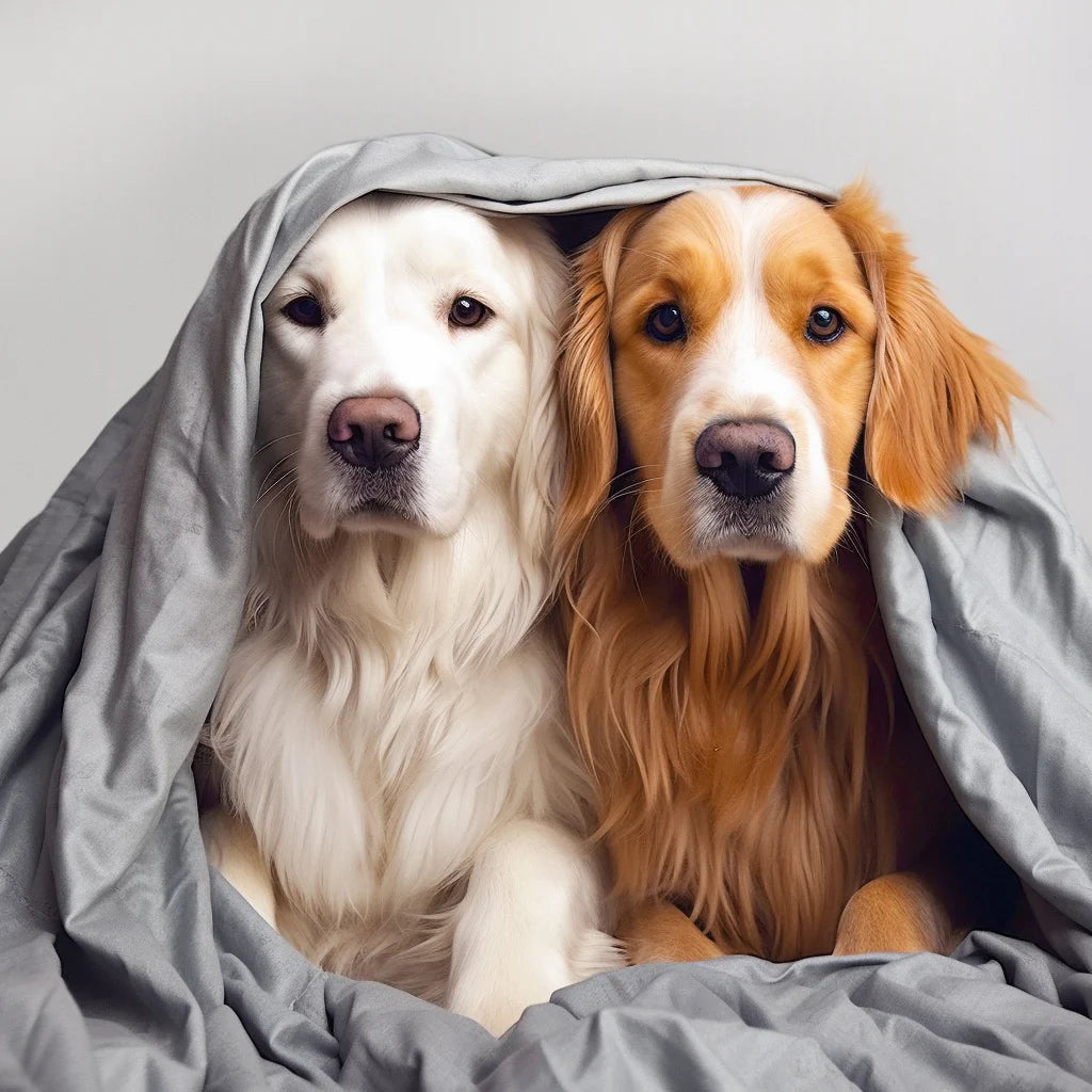 Two adorable golden retrievers snuggled together under a cozy blanket, showcasing FluffyPuppy's pet comfort products.