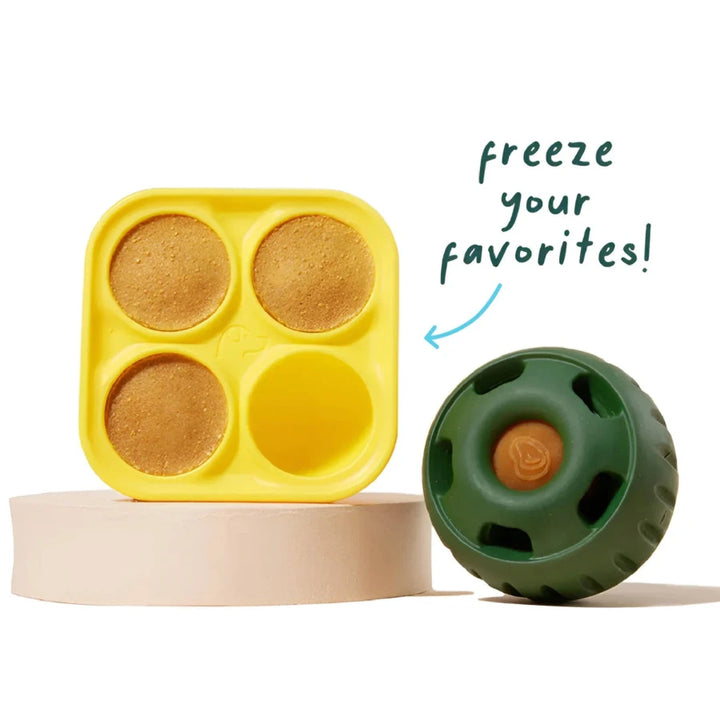 Frozen snack dog toy shown beside a tray of frozen treats