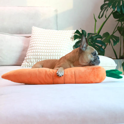 French Bulldog resting on a giant carrot-shaped dog toy, plush and perfect for relaxation and play.