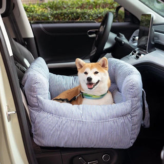 Pet booster car seat placed on the front seat with dog inside