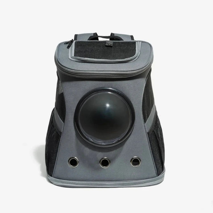 Gray bubble window cat backpack with mesh ventilation in studio 