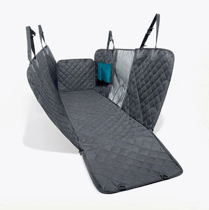 Gray version of quilted hammock fully set up with mesh and pocket