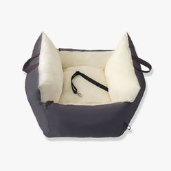 Grey design of a pet car bag with strap.