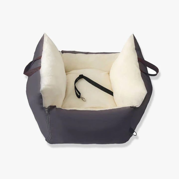 Grey design of a pet car bag with strap.