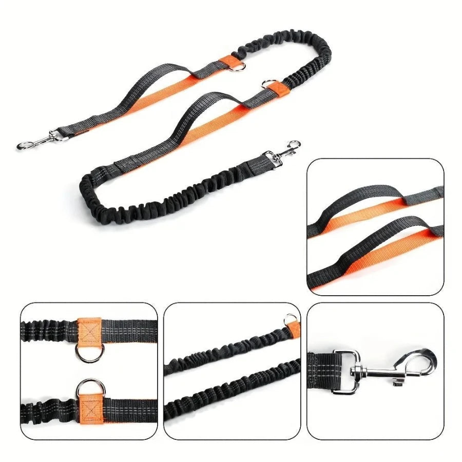 Hands-free dog leash with reflective bungee design for running, featuring durable handles and metal clip for secure attachment.