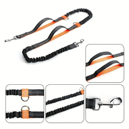 Hands-free dog leash with reflective bungee design for running, featuring durable handles and metal clip for secure attachment.