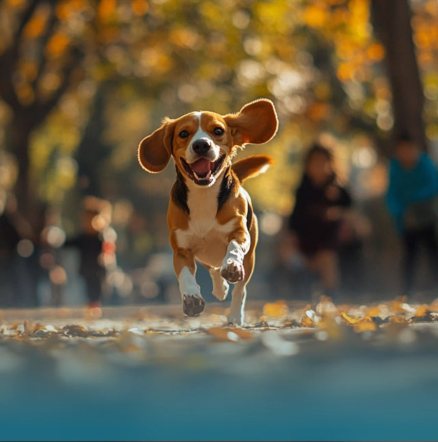 Joyful dog running on a leafy path in a park in London during autumn