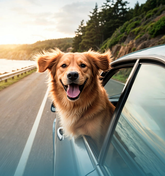 Smiling dog with head out of car window on a scenic coastal drive in Australia