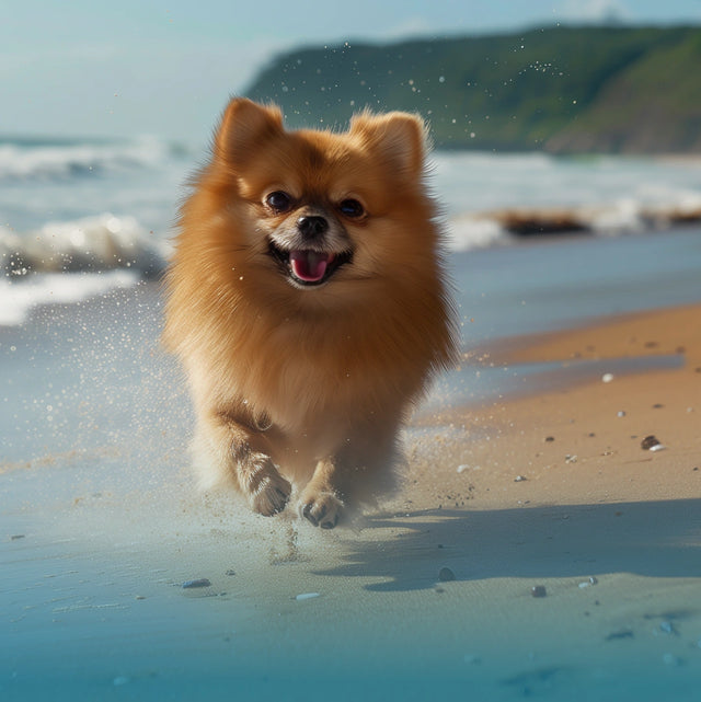 Small fluffy dog joyfully running on the beach in New Zealand near the ocean