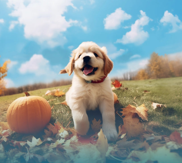 Cute puppy sitting on a grassy field beside a pumpkin and colorful autumn leaves in Europe