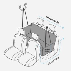 Illustration of hard base car seat cover for dogs with exact dimensions in cm and inches