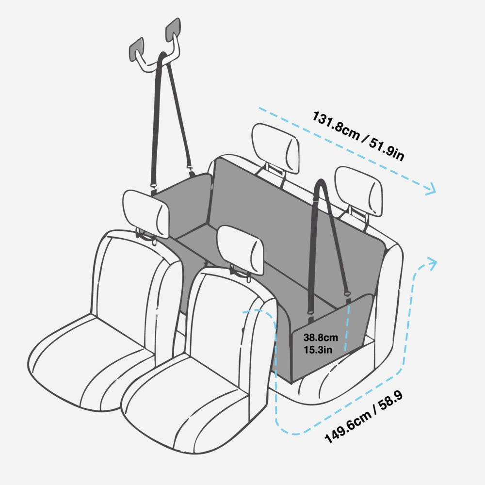 Illustration of hard bottom car seat cover for dogs with exact dimensions in cm and inches