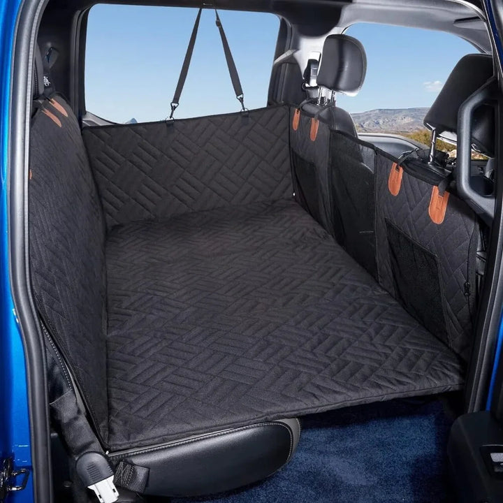 Black version of hard bottom dog hammock for car fully installed