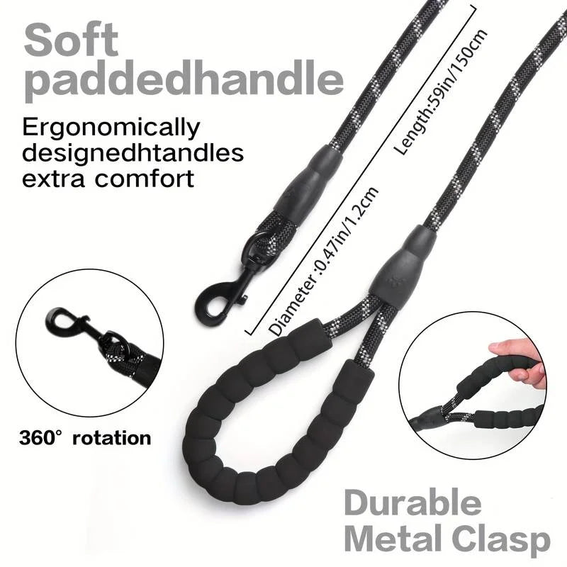 Rope dog leash with padded handle showing soft grip, metal clasp, and 360° rotation on white background