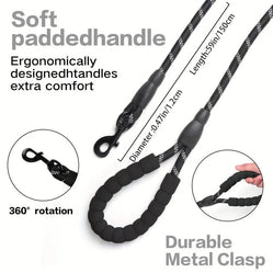Rope dog leash with padded handle showing soft grip, metal clasp, and 360° rotation on white background