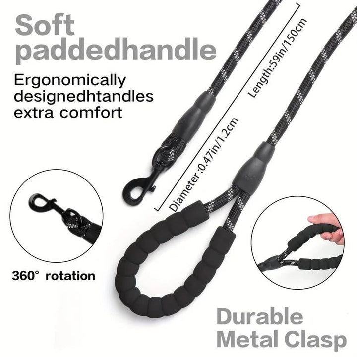 Rope dog leash with padded handle showing soft grip, metal clasp, and 360° rotation on white background