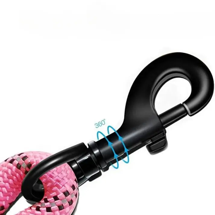 Close-up of a 360-degree swivel hook on a heavy-duty nylon rope dog leash, providing secure attachment and tangle-free walks.