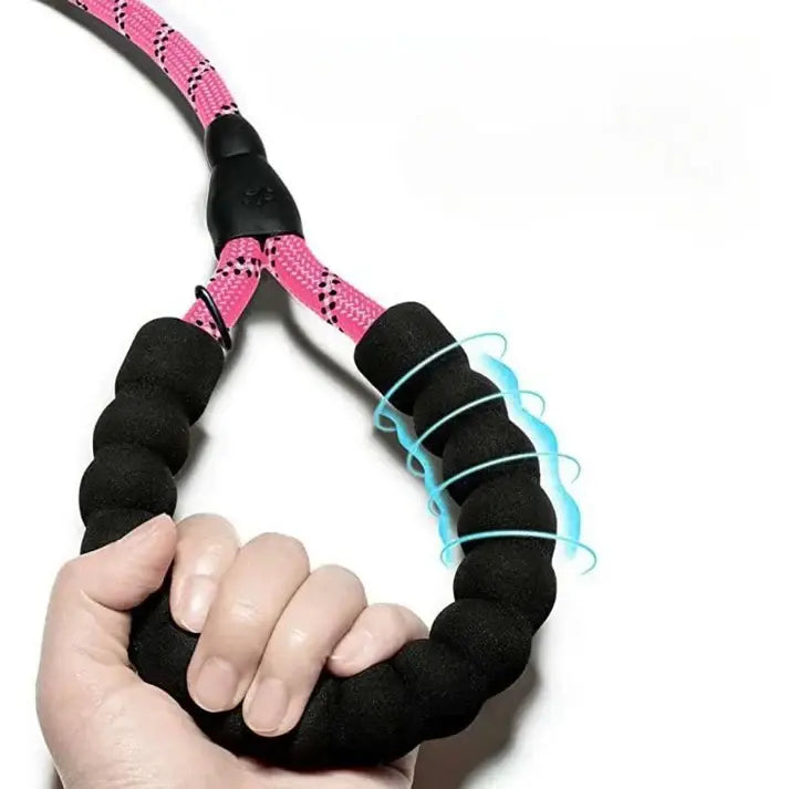 Close-up of a heavy-duty nylon rope dog leash with comfortable foam handle grip, designed for durability and strong control.