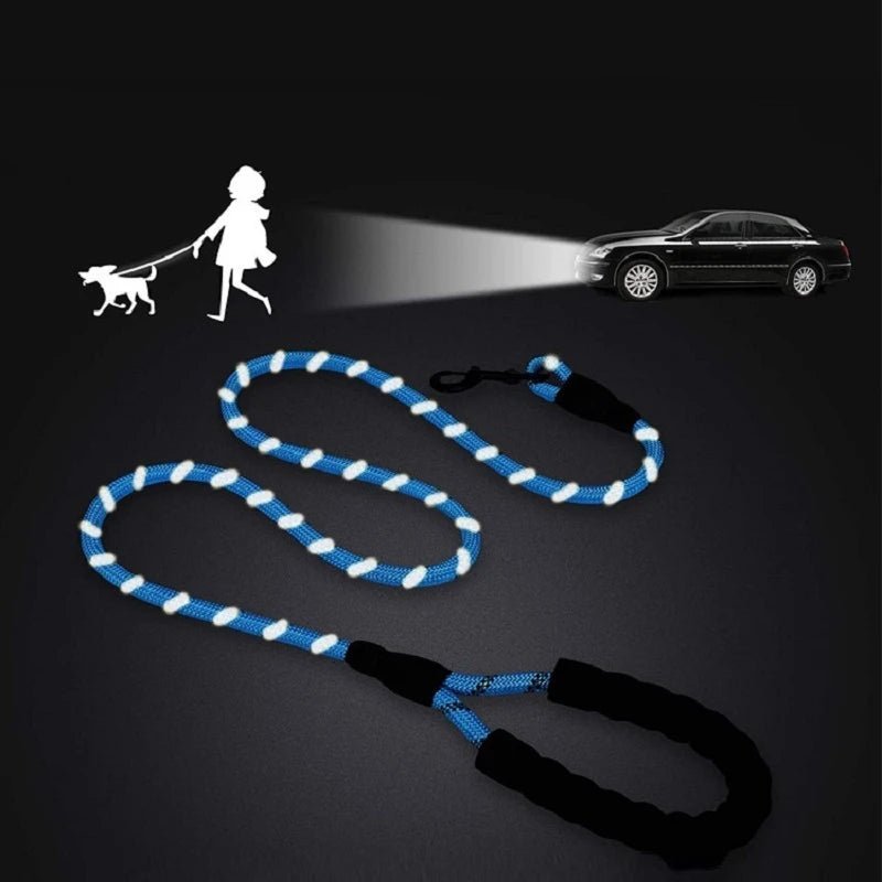 Reflective heavy-duty nylon rope dog leash for night safety, featuring durable design and comfortable padded handle.