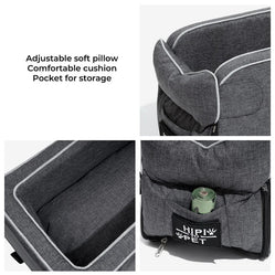 Portable console seat for pets with soft pillow and side pocket