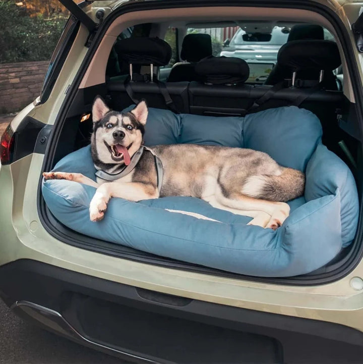 Husky lying on a pet boot bed for car, relaxing during travel